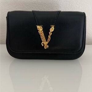 Versace Black Virtus Clutch with removable leather strap